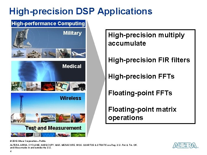 High-precision DSP Applications High-performance Computing Military Medical High-precision multiply accumulate High-precision FIR filters High-precision