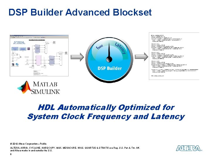 DSP Builder Advanced Blockset HDL Automatically Optimized for System Clock Frequency and Latency ©