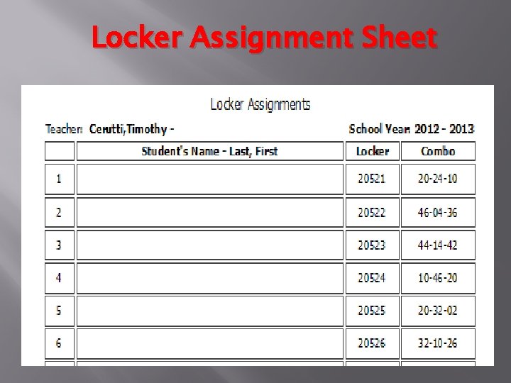 Locker Assignment Sheet 