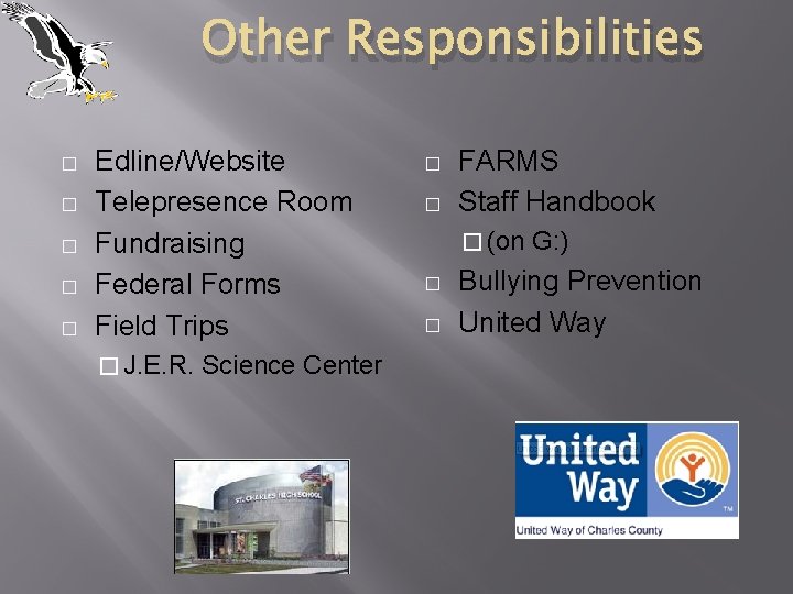 Other Responsibilities � � � Edline/Website Telepresence Room Fundraising Federal Forms Field Trips �
