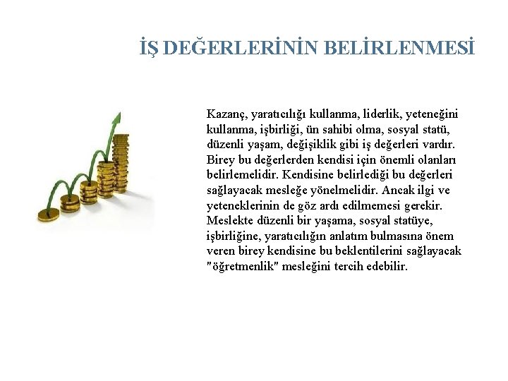 İŞ DEĞERLERİNİN BELİRLENMESİ Kazanç, yaratıcılığı kullanma, liderlik, yeteneğini kullanma, işbirliği, ün sahibi olma, sosyal