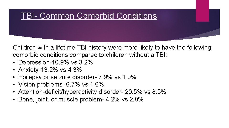 TBI- Common Comorbid Conditions Children with a lifetime TBI history were more likely to