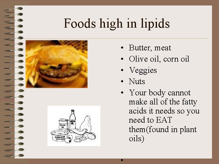 Foods high in lipids • • • Butter, meat Olive oil, corn oil Veggies