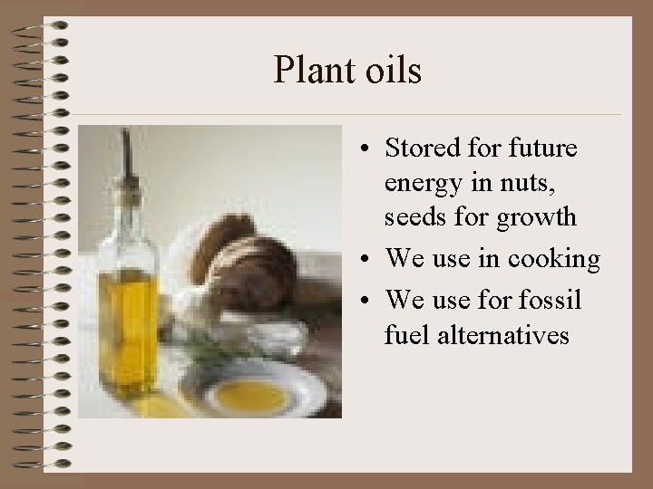 Plant oils • Stored for future energy in nuts, seeds for growth • We