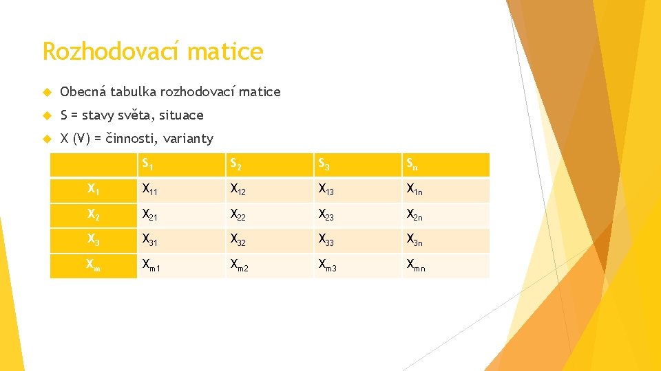 Rozhodovací matice Obecná tabulka rozhodovací matice S = stavy světa, situace X (V) =