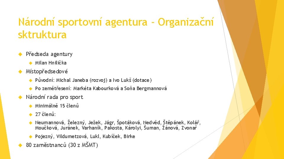 Národní sportovní agentura - Organizační sktruktura Předseda agentury Milan Hnilička Místopředsedové Původní: Michal Janeba