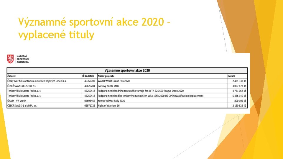 Významné sportovní akce 2020 – vyplacené tituly 