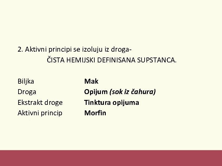 2. Aktivni principi se izoluju iz drogaČISTA HEMIJSKI DEFINISANA SUPSTANCA. Biljka Droga Ekstrakt droge