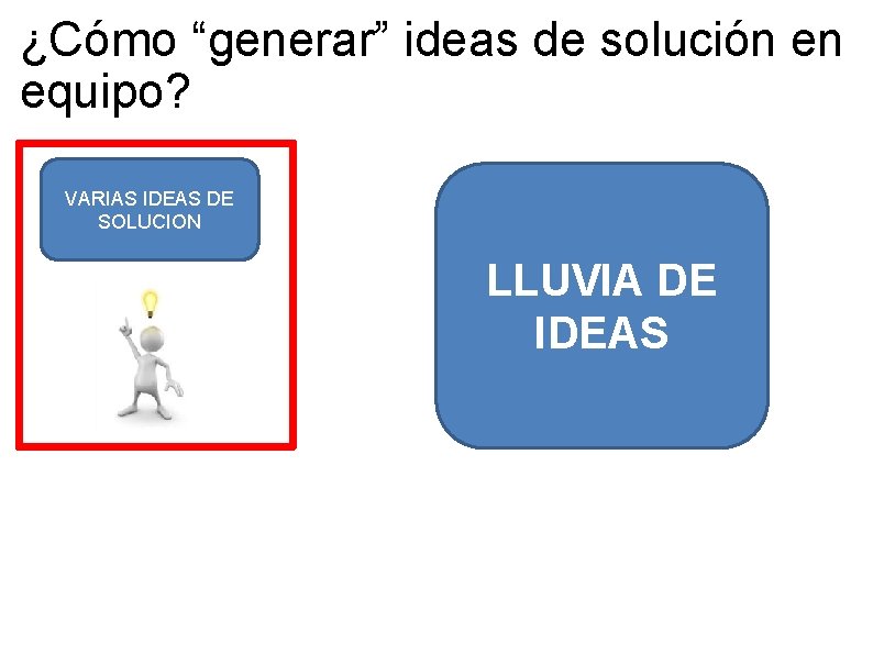 ¿Cómo “generar” ideas de solución en equipo? VARIAS IDEAS DE SOLUCION LLUVIA DE IDEAS