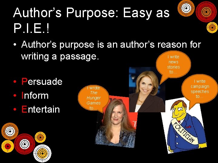 Author’s Purpose: Easy as P. I. E. ! • Author’s purpose is an author’s