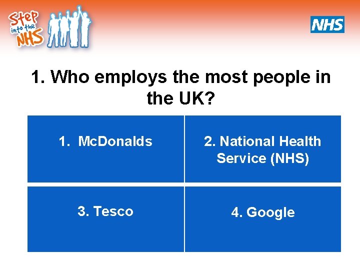 1. Who employs the most people in the UK? 1. Mc. Donalds 2. National