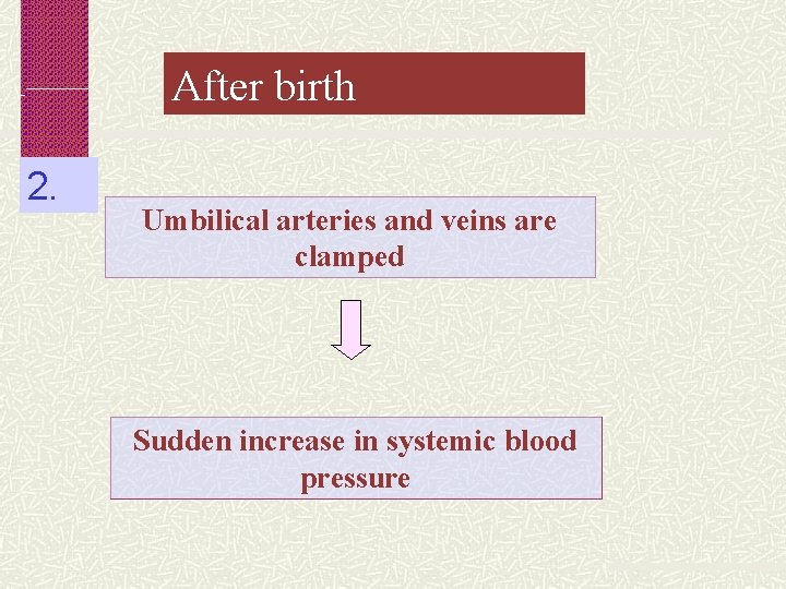 After birth 2. Umbilical arteries and veins are clamped Sudden increase in systemic blood