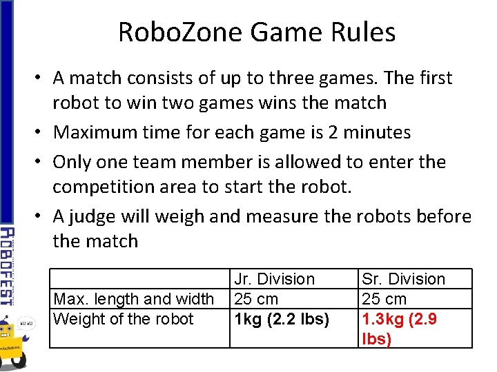 Robo. Zone Game Rules • A match consists of up to three games. The