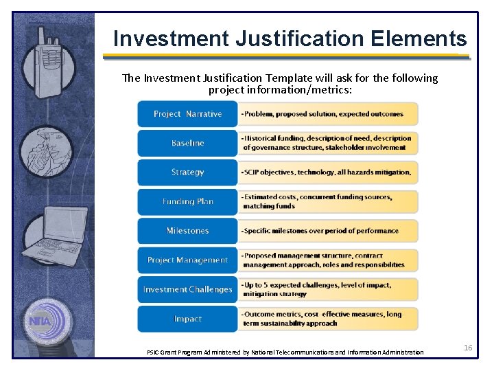 Investment Justification Elements The Investment Justification Template will ask for the following project information/metrics: