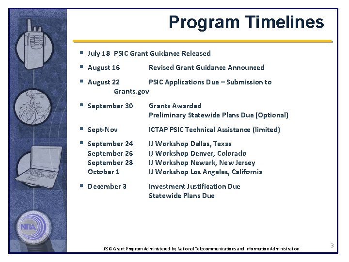 Program Timelines § July 18 PSIC Grant Guidance Released § August 16 Revised Grant