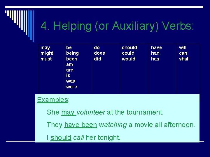 4. Helping (or Auxiliary) Verbs: may might must be being been am are is