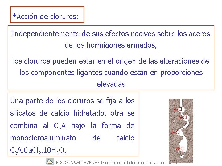 *Acción de cloruros: Independientemente de sus efectos nocivos sobre los aceros de los hormigones