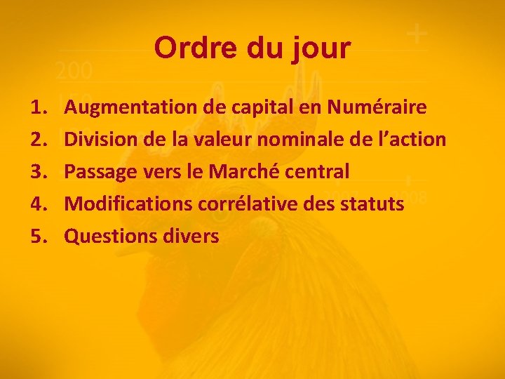 Ordre du jour 1. 2. 3. 4. 5. Augmentation de capital en Numéraire Division