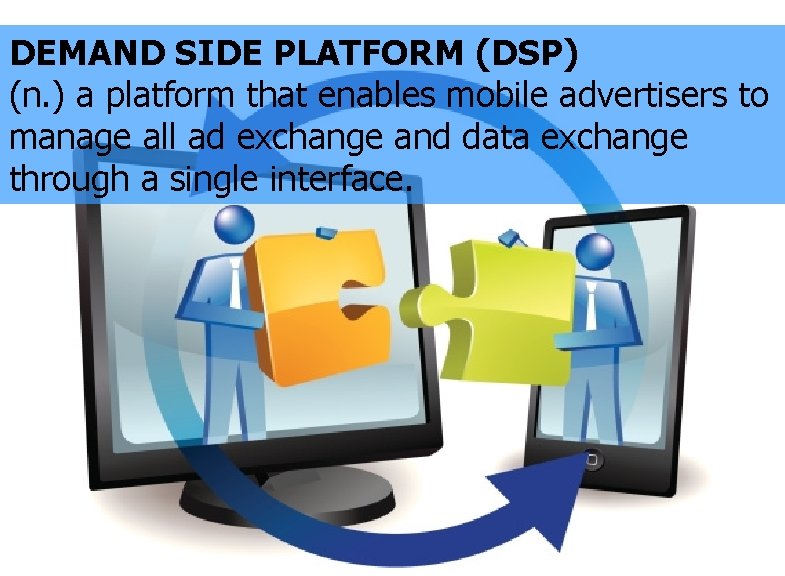 DEMAND SIDE PLATFORM (DSP) (n. ) a platform that enables mobile advertisers to manage
