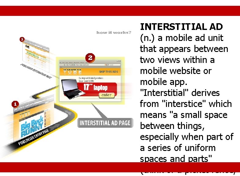 INTERSTITIAL AD (n. ) a mobile ad unit that appears between two views within