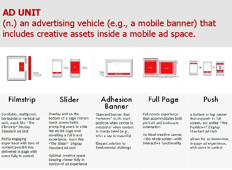 AD UNIT (n. ) an advertising vehicle (e. g. , a mobile banner) that