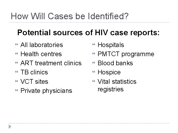 How Will Cases be Identified? Potential sources of HIV case reports: All laboratories Health