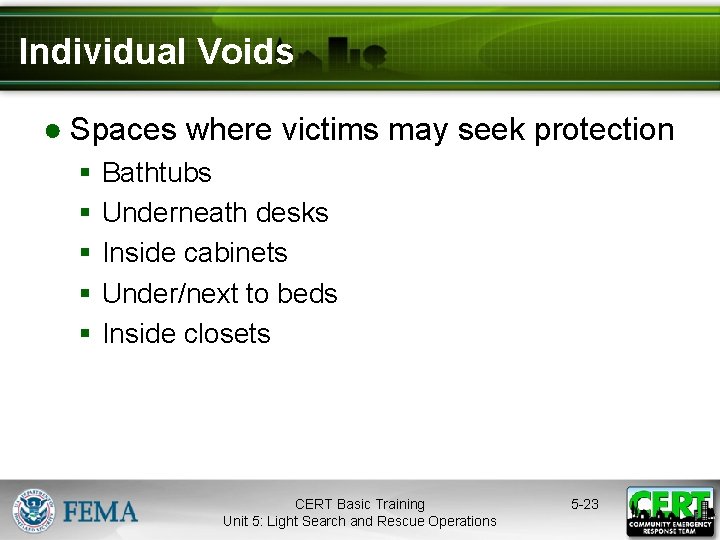Individual Voids ● Spaces where victims may seek protection § § § Bathtubs Underneath