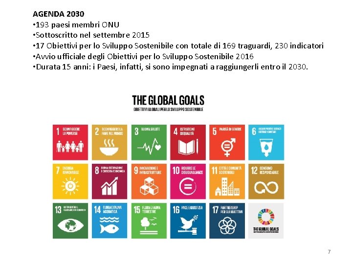 AGENDA 2030 • 193 paesi membri ONU • Sottoscritto nel settembre 2015 • 17
