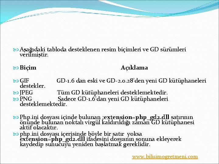  Aşağıdaki tabloda desteklenen resim biçimleri ve GD sürümleri verilmiştir. Biçim Açıklama GIF GD-1.