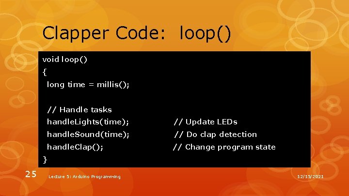 Clapper Code: loop() void loop() { long time = millis(); // Handle tasks handle. Clapper Code: loop() void loop() { long time = millis(); // Handle tasks handle.