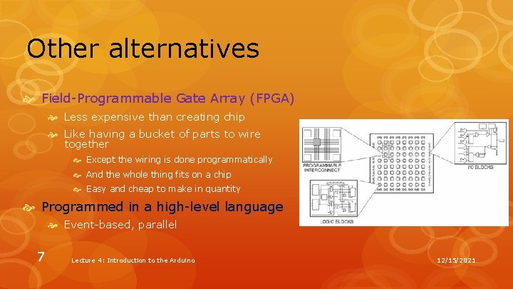 Other alternatives Field-Programmable Gate Array (FPGA) Less expensive than creating chip Like having a Other alternatives Field-Programmable Gate Array (FPGA) Less expensive than creating chip Like having a