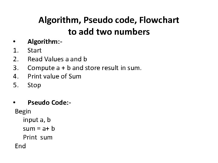  • 1. 2. 3. 4. 5. Algorithm, Pseudo code, Flowchart to add two