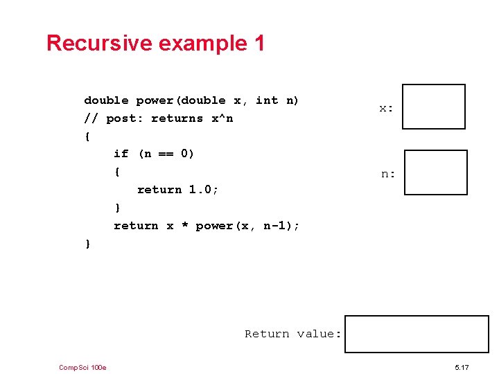 Recursive example 1 double power(double x, int n) // post: returns x^n { if