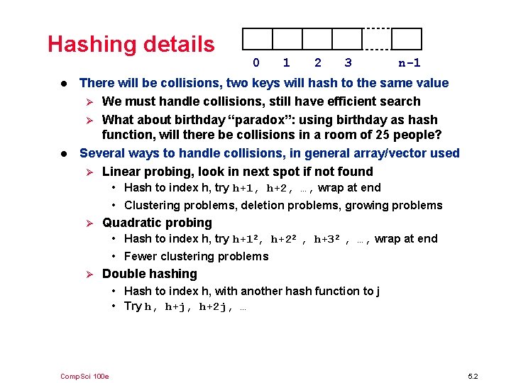 Hashing details l l 0 1 2 3 n-1 There will be collisions, two