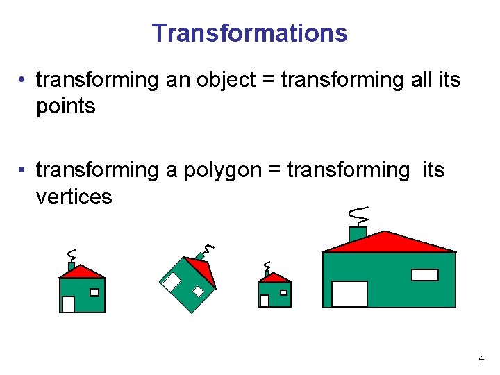 Transformations • transforming an object = transforming all its points • transforming a polygon Transformations • transforming an object = transforming all its points • transforming a polygon