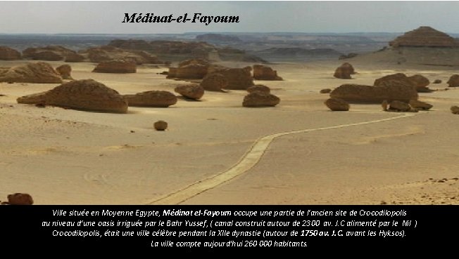 Médinat-el-Fayoum Ville située en Moyenne Egypte, Médinat el-Fayoum occupe une partie de l'ancien site