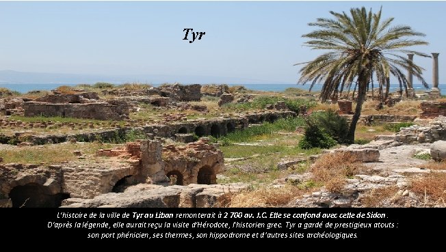 Tyr L'histoire de la ville de Tyr au Liban remonterait à 2 700 av.