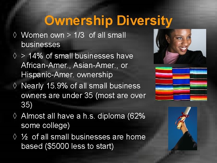 Ownership Diversity ◊ Women own > 1/3 of all small businesses ◊ > 14%
