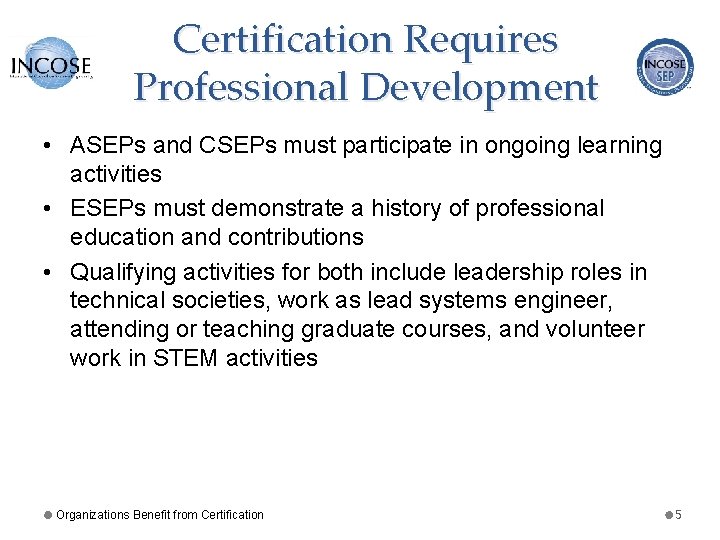 Certification Requires Professional Development • ASEPs and CSEPs must participate in ongoing learning activities