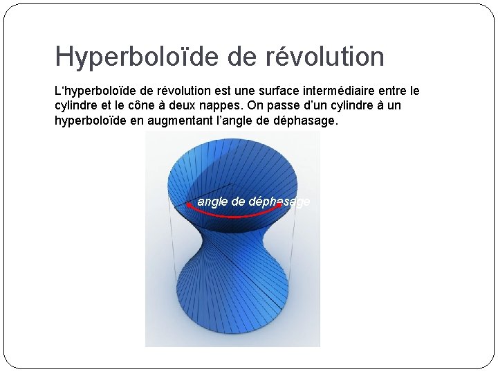 Hyperboloïde de révolution L‘hyperboloïde de révolution est une surface intermédiaire entre le cylindre et