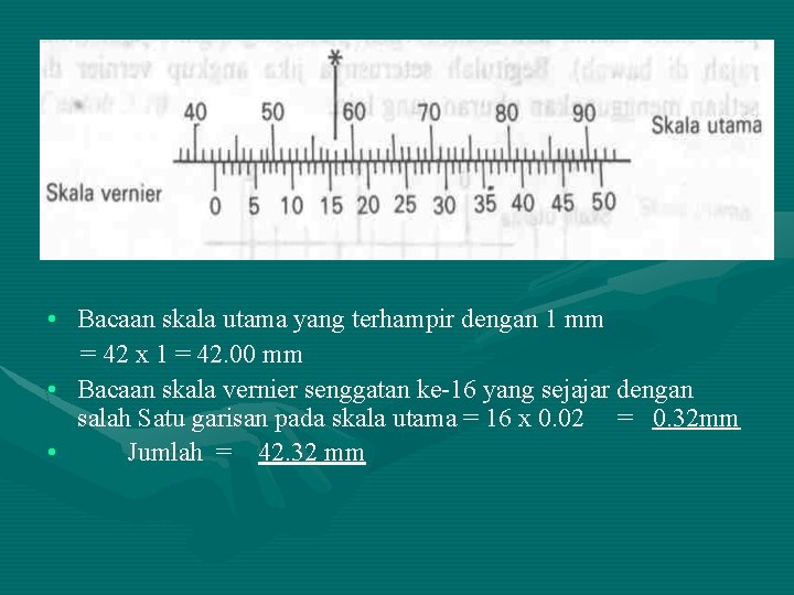  • Bacaan skala utama yang terhampir dengan 1 mm = 42 x 1