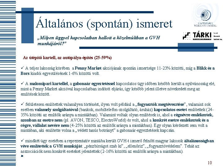 Általános (spontán) ismeret „Milyen üggyel kapcsolatban hallott a közelmúltban a GVH munkájáról? ” Az