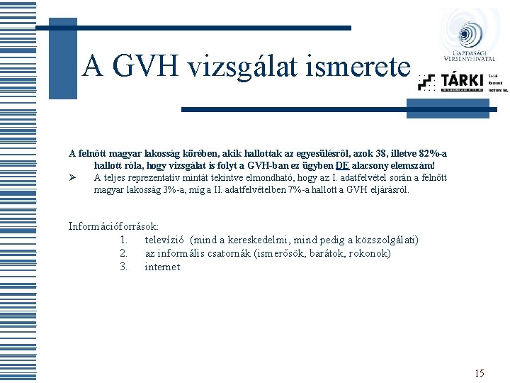 A GVH vizsgálat ismerete A felnőtt magyar lakosság körében, akik hallottak az egyesülésről, azok