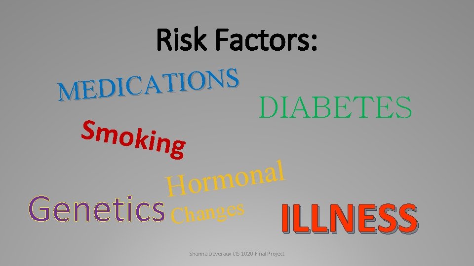 Risk Factors: S N O I T A MEDIC Smokin Genetics DIABETES g l