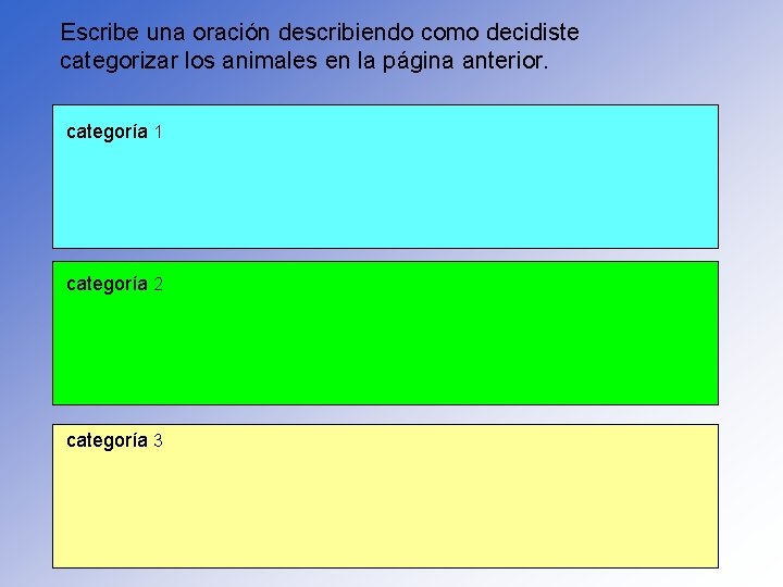 Escribe una oración describiendo como decidiste categorizar los animales en la página anterior. categoría