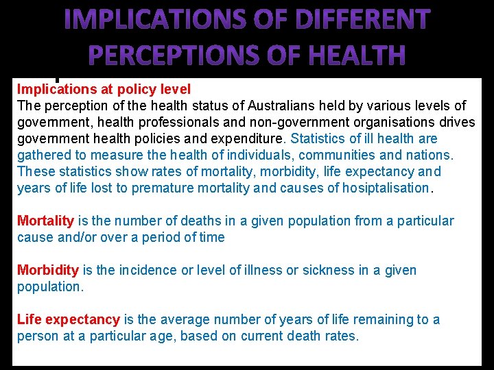 Implications at policy level The perception of the health status of Australians held by