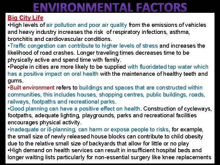 Big City Life • High levels of air pollution and poor air quality from