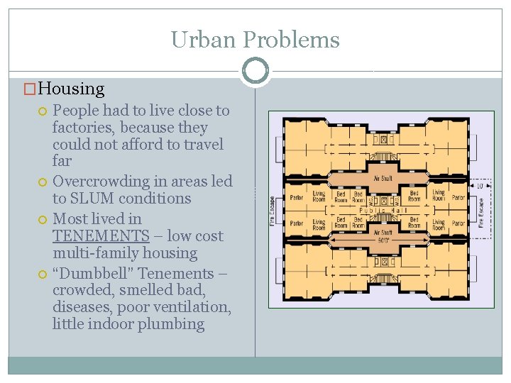 Urban Problems �Housing People had to live close to factories, because they could not