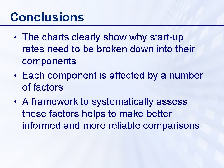 Conclusions • The charts clearly show why start-up rates need to be broken down