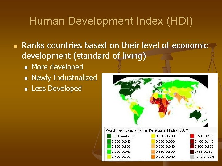 Human Development Index (HDI) n Ranks countries based on their level of economic development